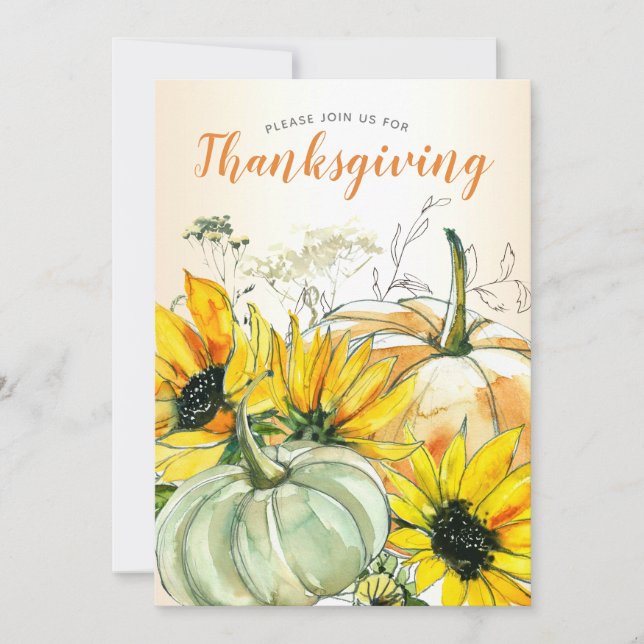 Thanksgiving Dinner Sunflower Floral and Pumpkins Invitation (Front)