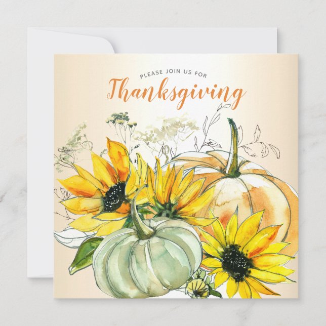 Thanksgiving Dinner Sunflower Floral and Pumpkins Invitation (Front)