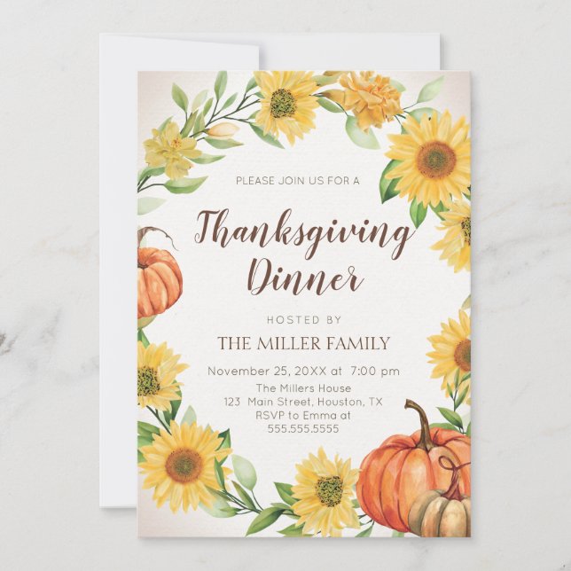Thanksgiving Dinner Sunflowers & Pumpkins fall Invitation (Front)