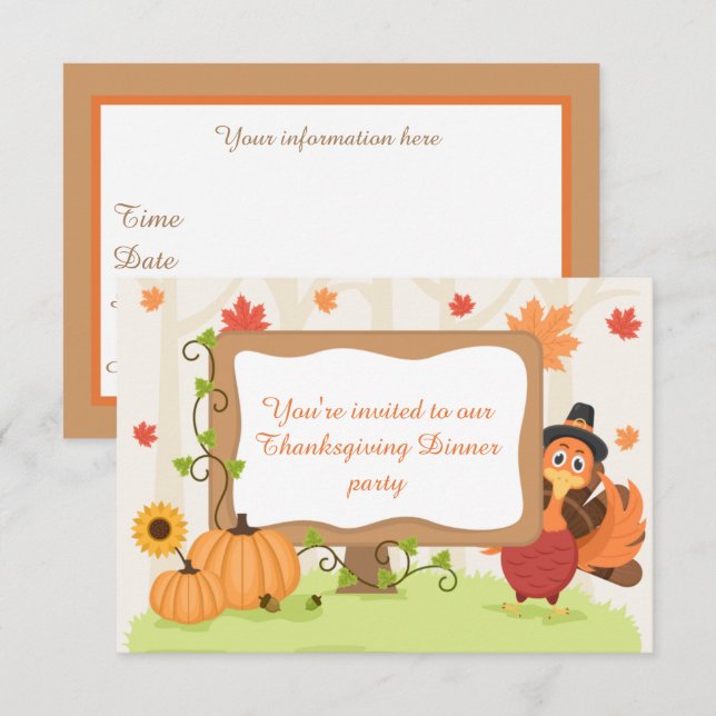 Thanksgiving dinner turkey add information  invitation (Front/Back)