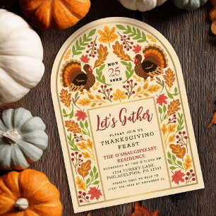 Thanksgiving Dinner Turkey & Autumn Leaves Arch Invitation