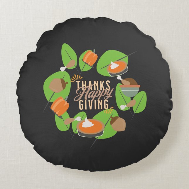 Thanksgiving Dinner Turkey Pumpkin Fall Greenery  Round Cushion (Front)
