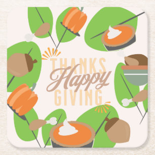 Thanksgiving Dinner Turkey Pumpkin Fall Greenery Square Paper Coaster