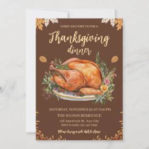 Thanksgiving Dinner Turkey Pumpkins Brown Invitation