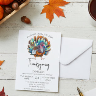 Thanksgiving Dinner Turkey Watercolor  Invitation
