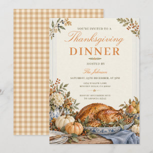 Thanksgiving Dinner Vintage Rustic Turkey Floral Invitation