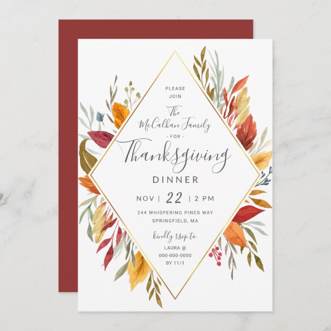 Thanksgiving Dinner Watercolor Autumn Foliage Invitation (Front/Back)