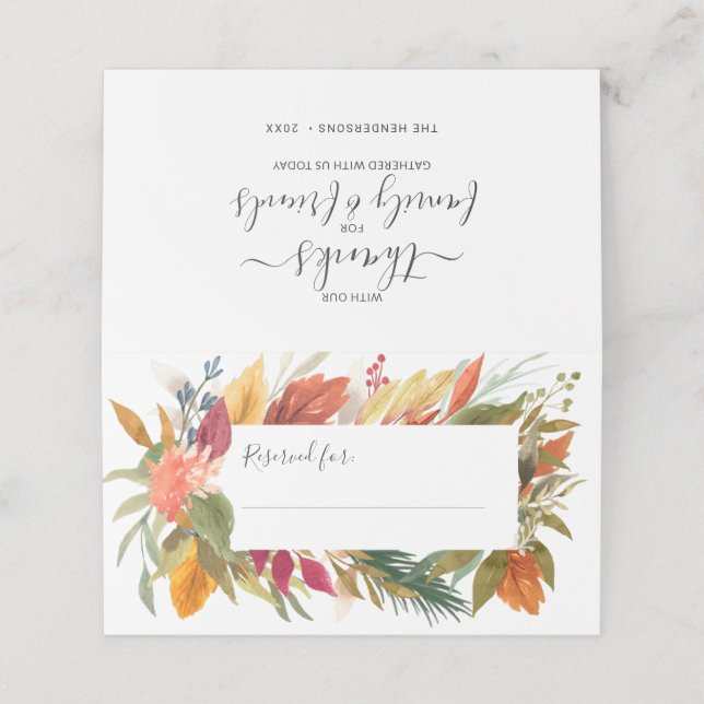 Thanksgiving Dinner Watercolor Autumn Foliage Place Card (Outside Unfolded)