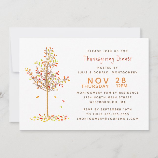 Thanksgiving Dinner Watercolor Autumn Tree Leaves Invitation (Front)