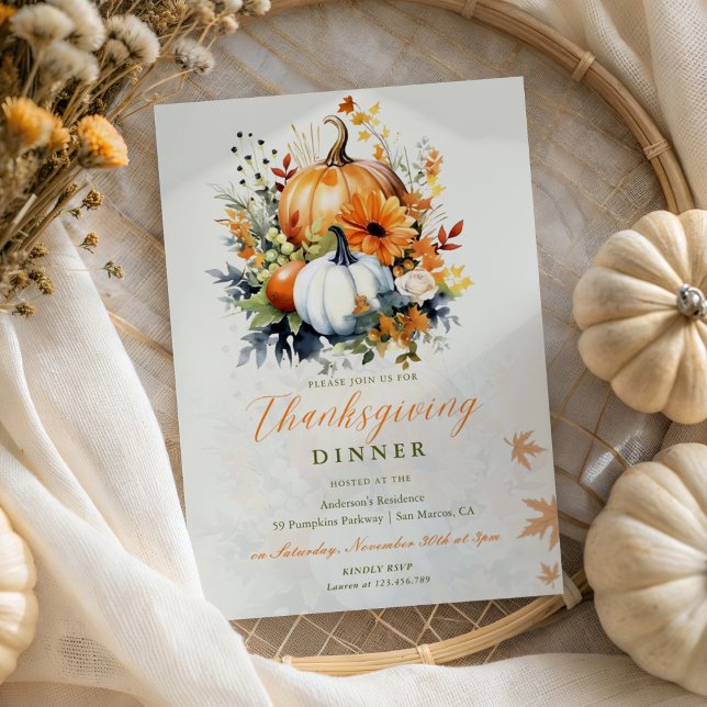 Thanksgiving Dinner Watercolor Floral Pumpkins  Invitation (Creator Uploaded)
