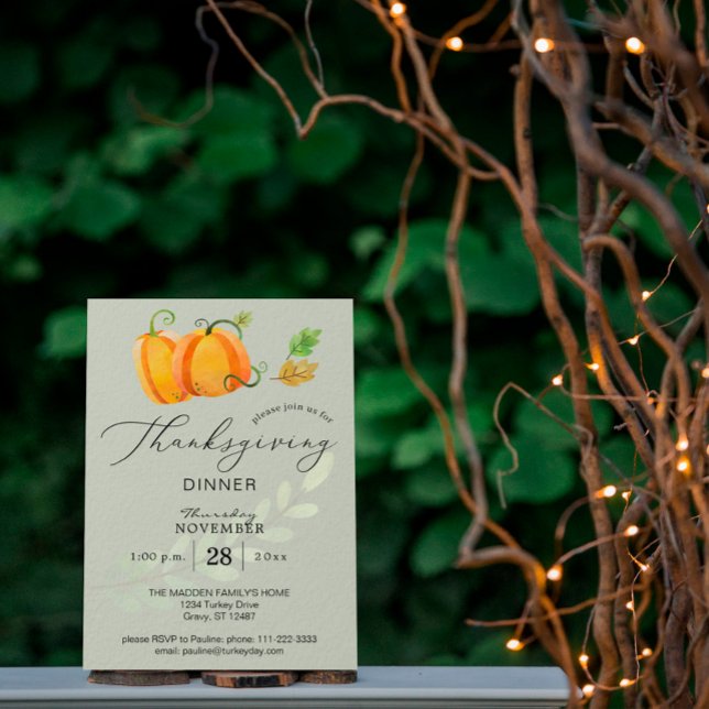 Thanksgiving Dinner Watercolor Pumpkin Duo Olive I Invitation (Creator Uploaded)