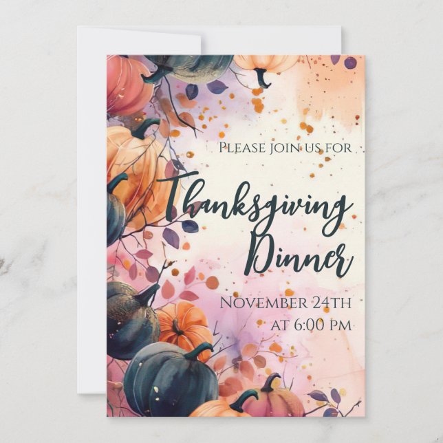 Thanksgiving Dinner Watercolor Pumpkin Invitation (Front)