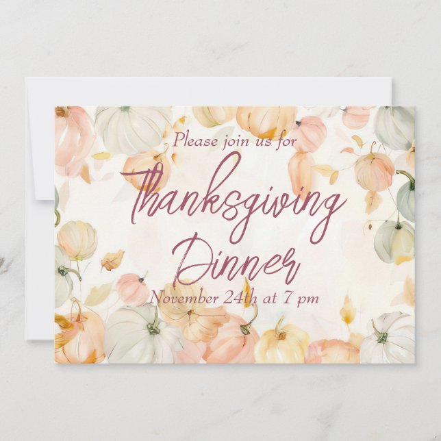 Thanksgiving Dinner Watercolor Pumpkin Invitation (Front)