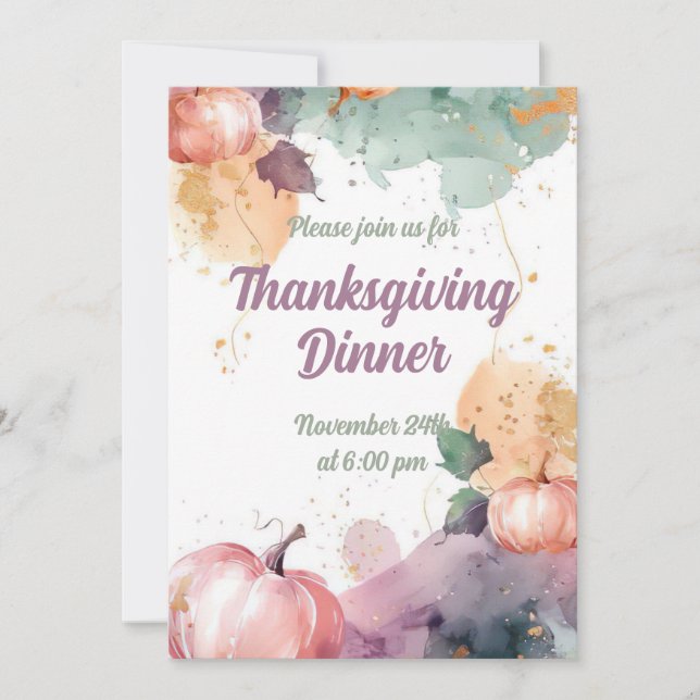 Thanksgiving Dinner Watercolor Pumpkin Invitation (Front)
