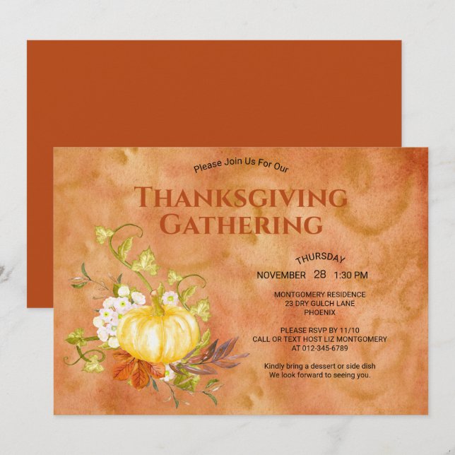 Thanksgiving Dinner Watercolor Pumpkin Leaves Invitation (Front/Back)