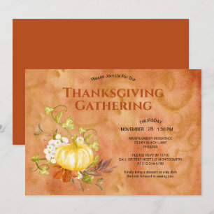 Thanksgiving Dinner Watercolor Pumpkin Leaves Invitation