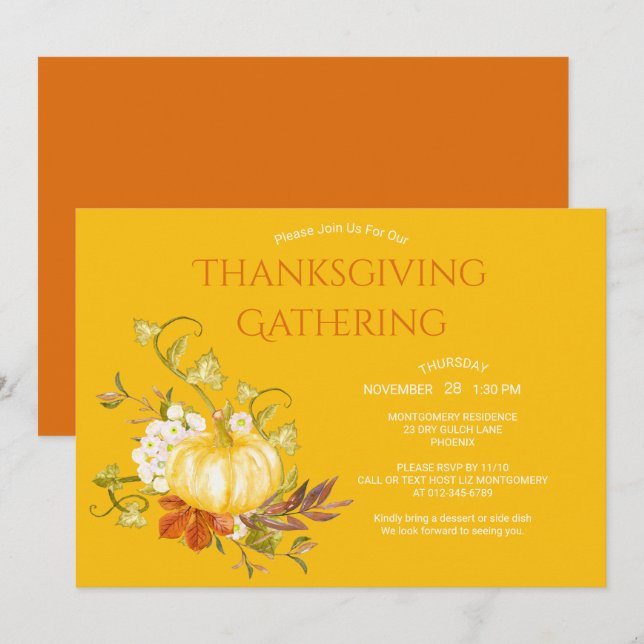 Thanksgiving Dinner Watercolor Pumpkin Leaves Invitation (Front/Back)