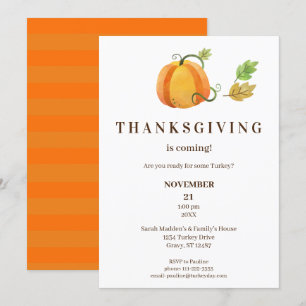 Thanksgiving Dinner Watercolor Pumpkin- White-Br Invitation