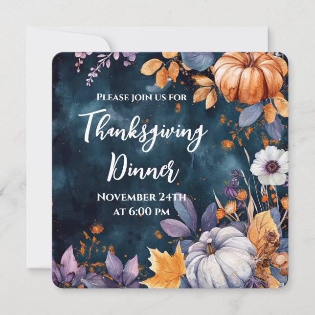 Thanksgiving Dinner Watercolor Pumpkins Invitation (Front)