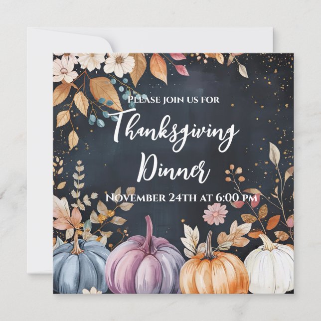 Thanksgiving Dinner Watercolor Pumpkins Invitation (Front)