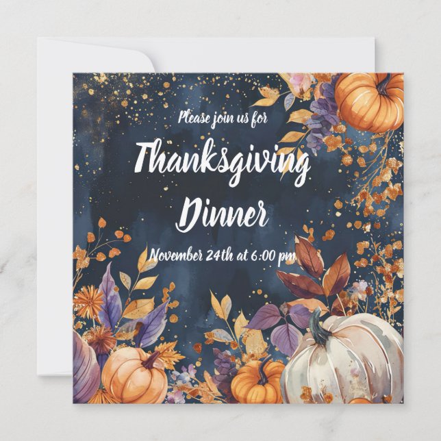 Thanksgiving Dinner Watercolor Pumpkins Invitation (Front)