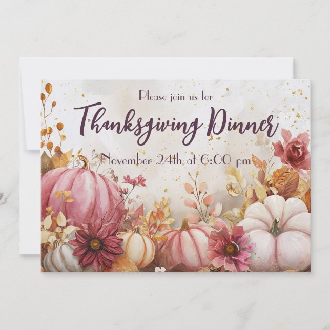 Thanksgiving Dinner Watercolor Pumpkins Invitation (Front)