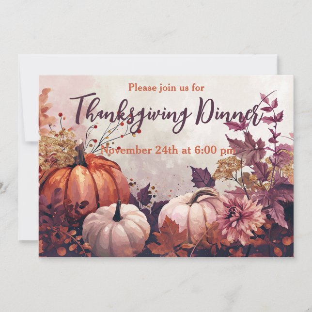 Thanksgiving Dinner Watercolor Pumpkins Invitation (Front)