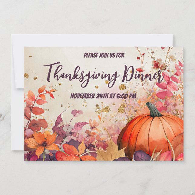 Thanksgiving Dinner Watercolor Pumpkins Invitation (Front)