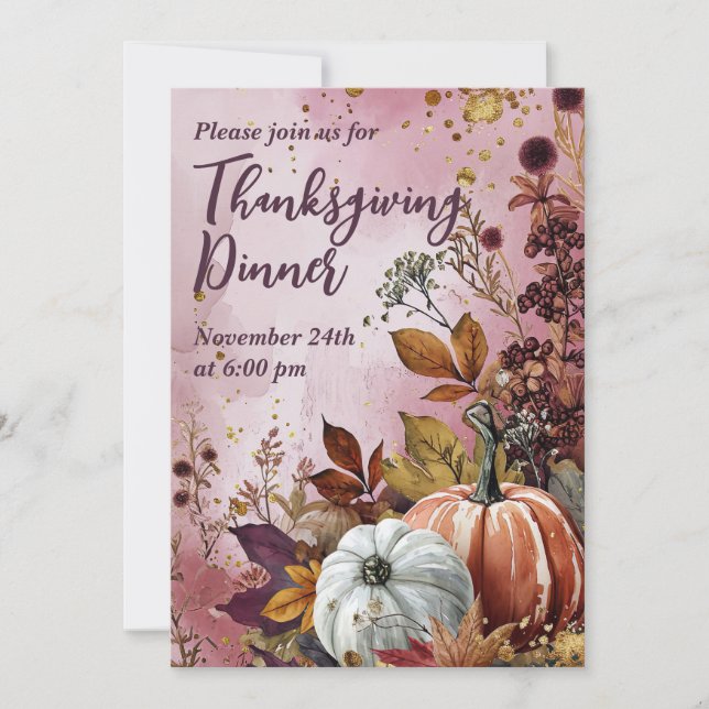 Thanksgiving Dinner Watercolor Pumpkins Invitation (Front)