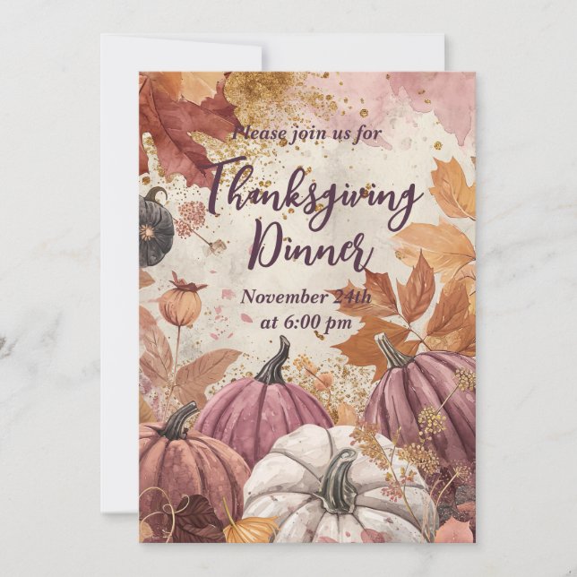 Thanksgiving Dinner Watercolor Pumpkins Invitation (Front)