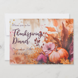 Thanksgiving Dinner Watercolor Pumpkins Invitation
