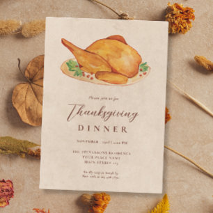 Thanksgiving Dinner Watercolor Turkey Fall Rustic Invitation