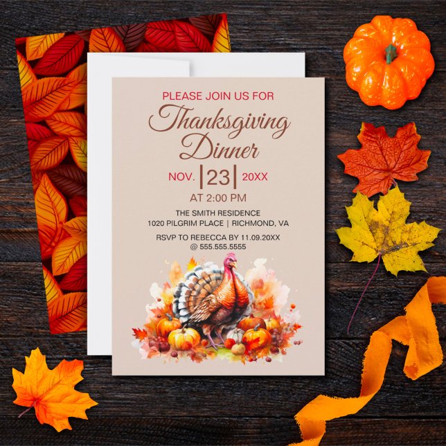 Thanksgiving Dinner Watercolor Turkey, Pumpkin  Invitation (Creator Uploaded)