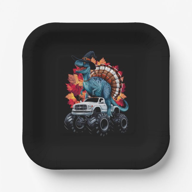 Thanksgiving Dinosaur T-Rex Monster Truck Paper Plate (Front)