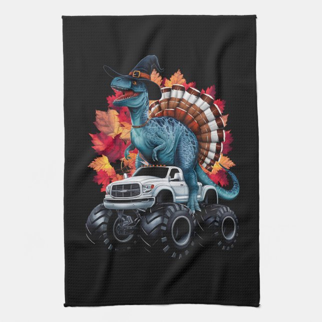 Thanksgiving Dinosaur T-Rex Monster Truck Tea Towel (Vertical)
