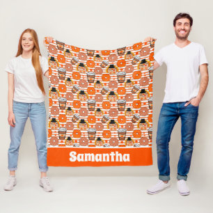 Thanksgiving Doughnuts and Coffee Fall Orange Stri Fleece Blanket