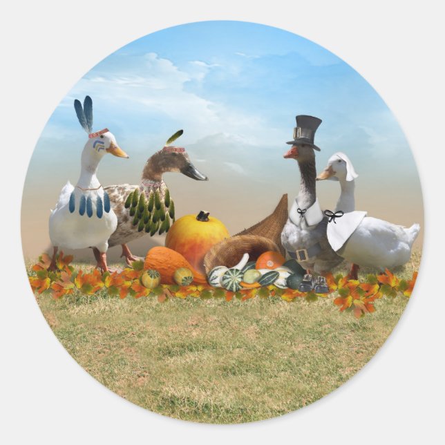 Thanksgiving Ducks - Pilgrims & Indians Classic Round Sticker (Front)