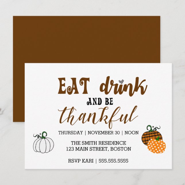 Thanksgiving Eat Drink And Thankful Party Card (Front/Back)