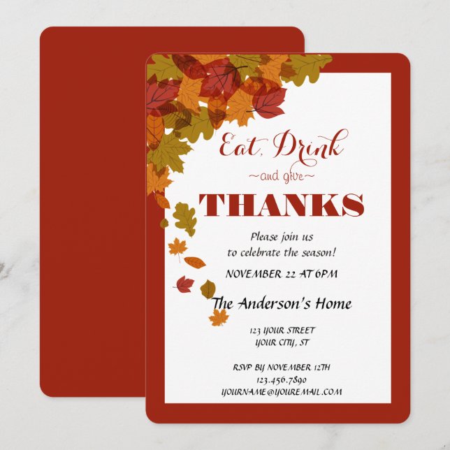 Thanksgiving Eat Drink & Give Thanks Fall Leaves Invitation (Front/Back)