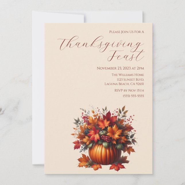 Thanksgiving-Elegant Pumpkin with Fall Leaves Invitation (Front)