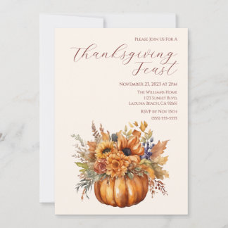 Thanksgiving-Elegant Pumpkin with Flowers- Invitation