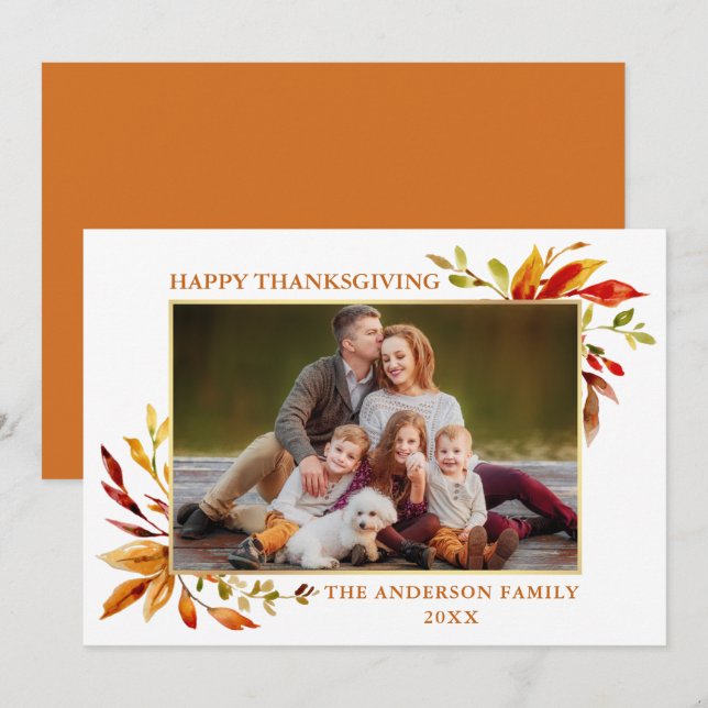 Thanksgiving Elegant Watercolor Autumn Leaves Holiday Card (Front/Back)