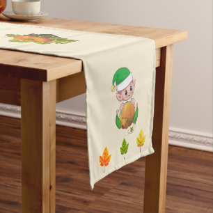 Thanksgiving Elf and Fall Leaves on Beige Short Table Runner