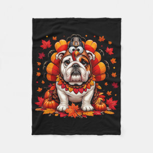 Thanksgiving English Bulldog Fall Leaves Autumn Ma Fleece Blanket