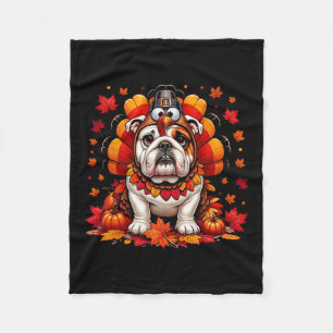 Thanksgiving English Bulldog Fall Leaves Autumn Ma Fleece Blanket