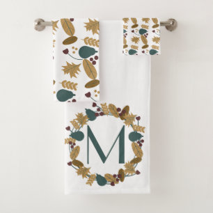 Thanksgiving Fall Autumn Greenery Pear Wreath Name Bath Towel Set