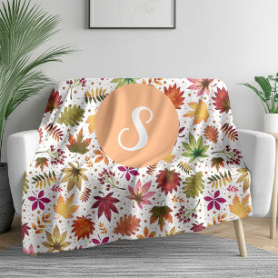 Thanksgiving Fall Autumn Leaves Pattern Monogram Fleece Blanket