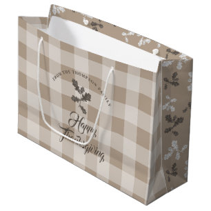 Thanksgiving Fall Foliage Leaves Brown Plaid Large Gift Bag