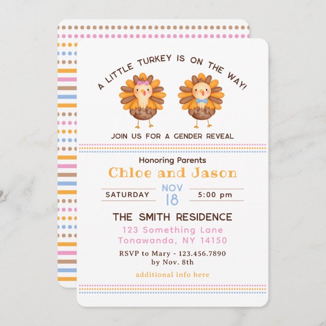 Thanksgiving Fall Gender Reveal Turkey Invitation (Front/Back)