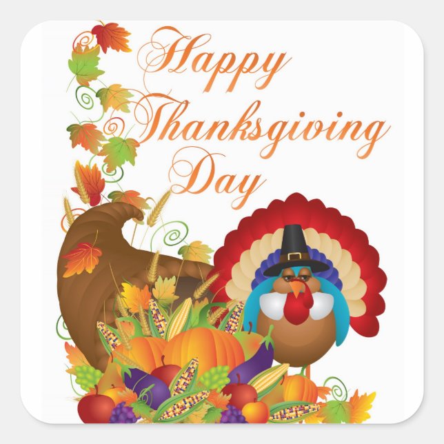 Thanksgiving Fall Harvest Cornucopia and Turkey Square Sticker (Front)